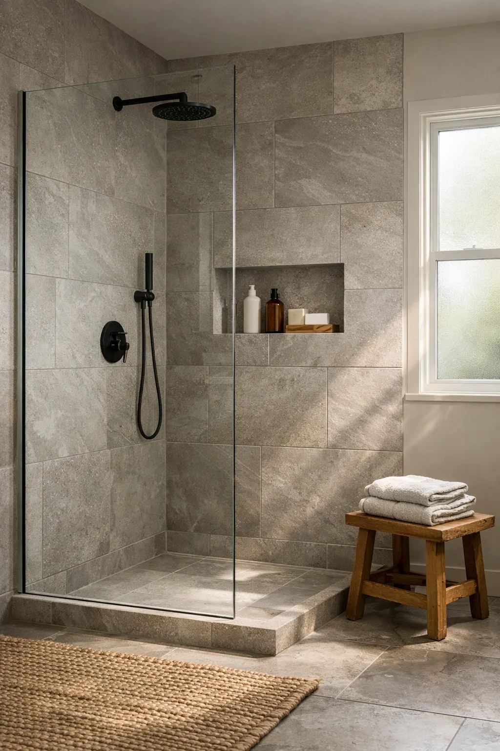 A modern bathroom with a large walk in shower and glass panel.