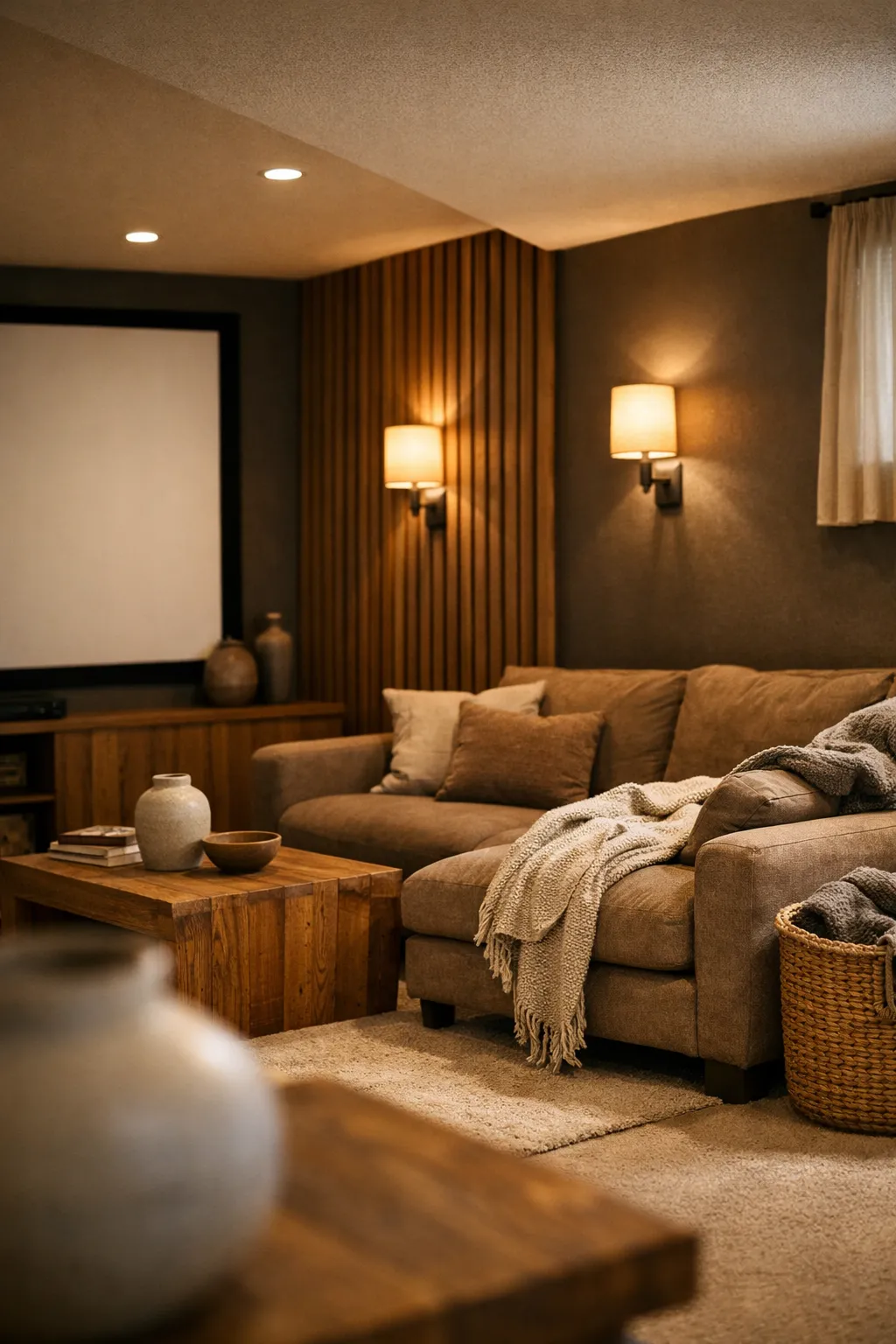 A basement theater room with warm wood accents, dark walls, and cozy seating.