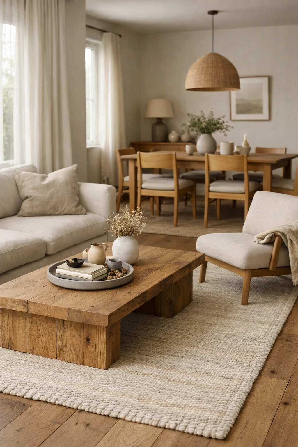A living-dining combo with the seating area clearly anchored by a rug, sofa, and coffee table.