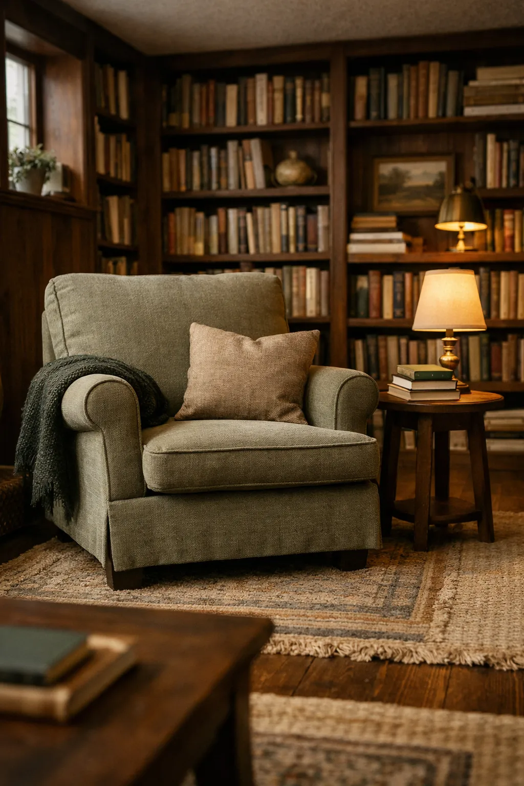 A home library basement in Animal Crossing with bookshelves, dark flooring, and classic seating.