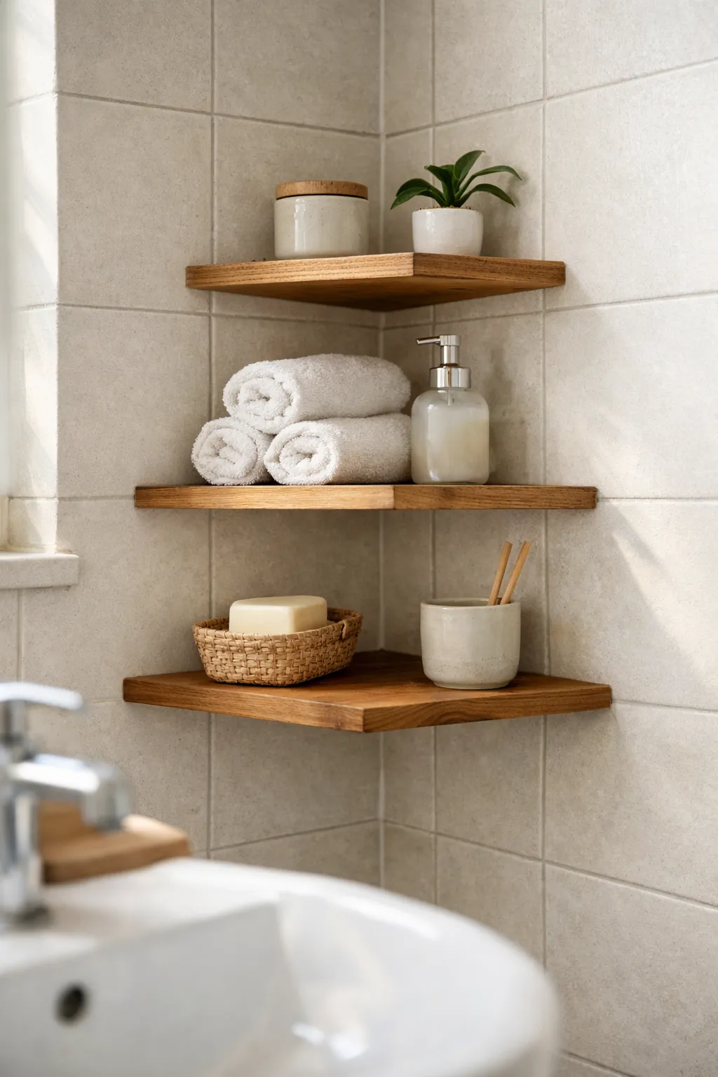 Small bathroom corner with floating shelves holding plants and toiletries.