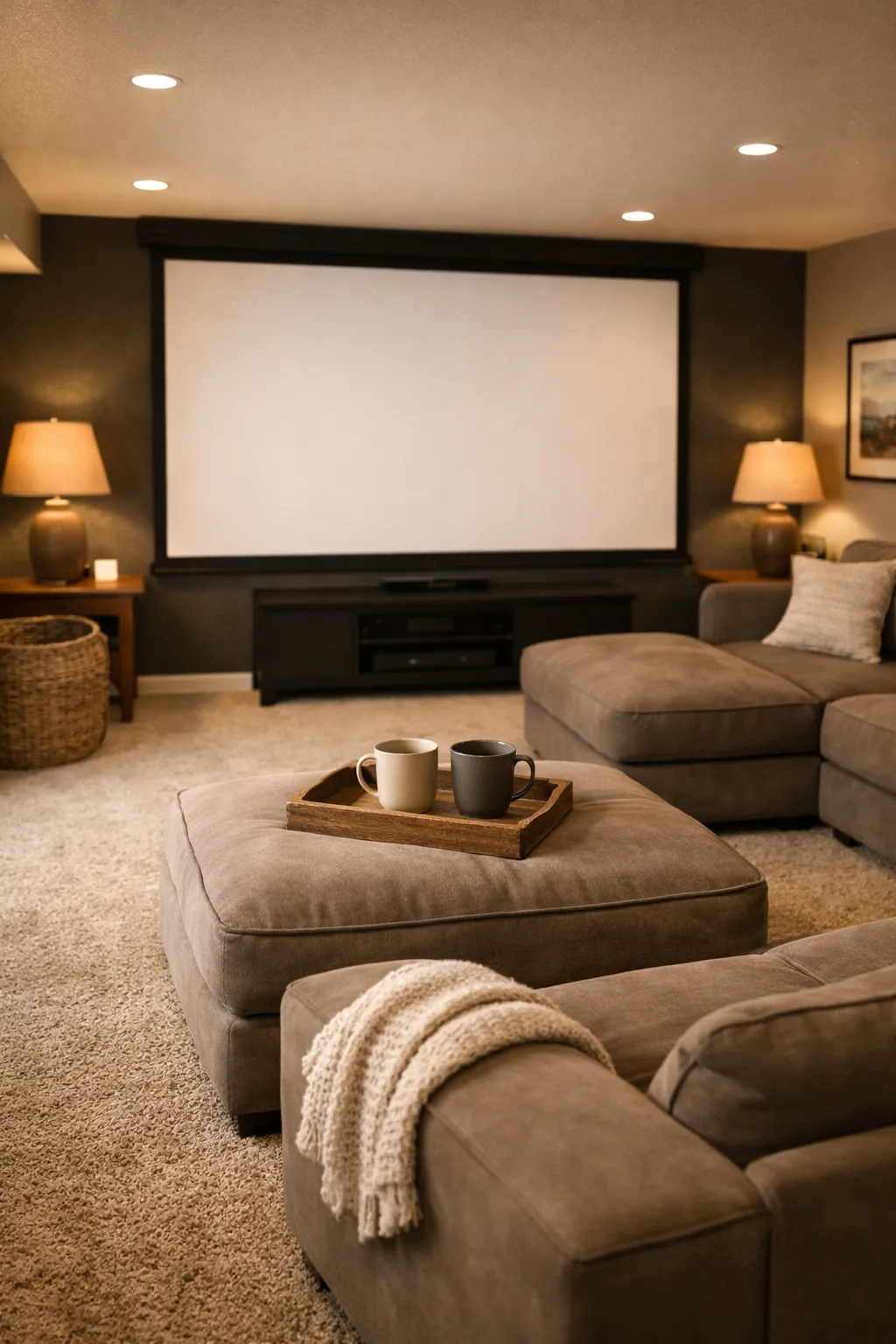 A cozy basement theater with plush carpet, soft lighting, and a relaxed seating layout.