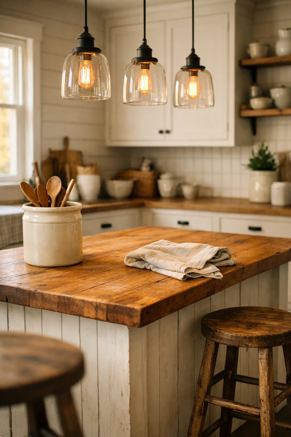 Clear glass pendant lights with warm Edison bulbs over farmhouse kitchen island