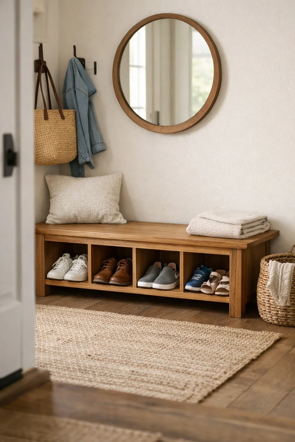 A functional front entryway bench with shoe cubbies, neutral decor, and a washable rug.