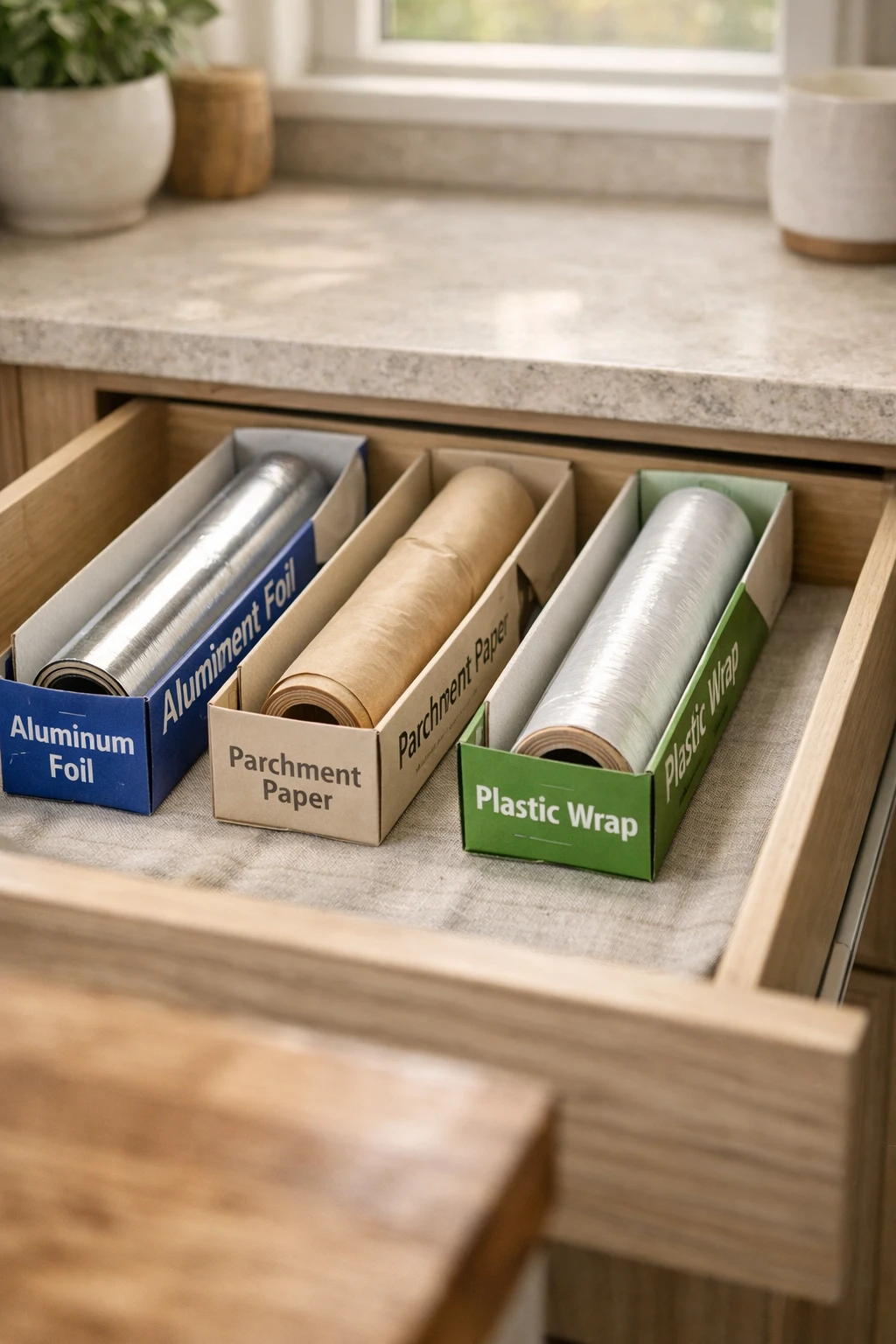 Kitchen drawer storing foil, plastic wrap, and parchment paper in organized sections.
