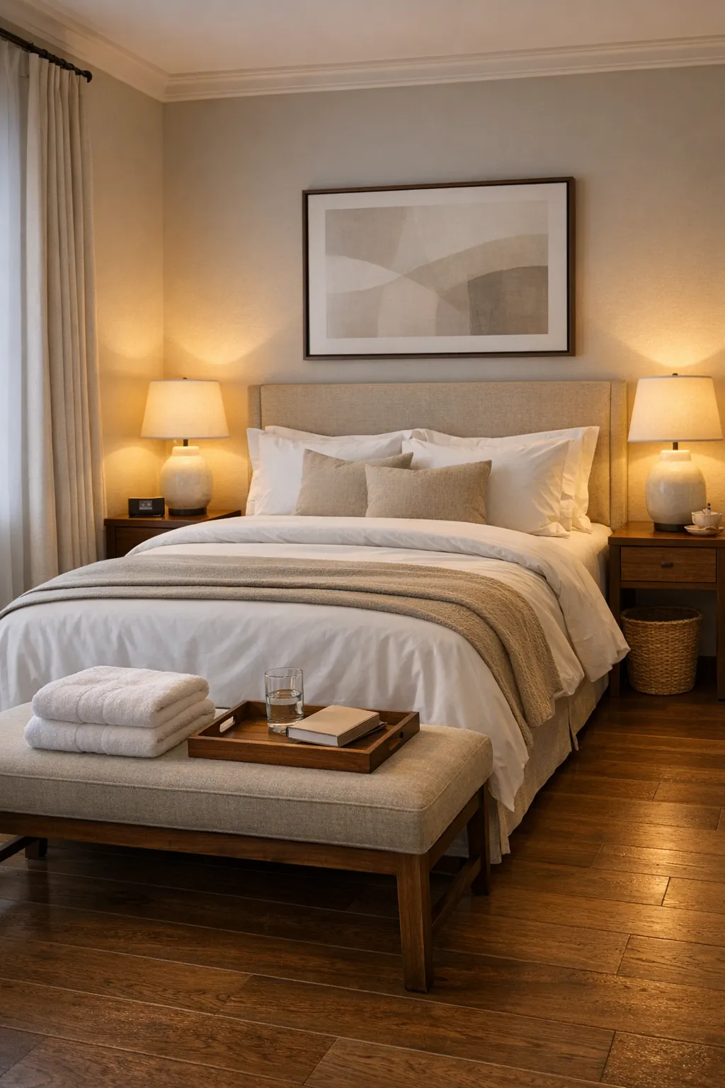A polished guest bedroom with fresh towels, layered bedding, bedside lighting, and hotel-inspired details.