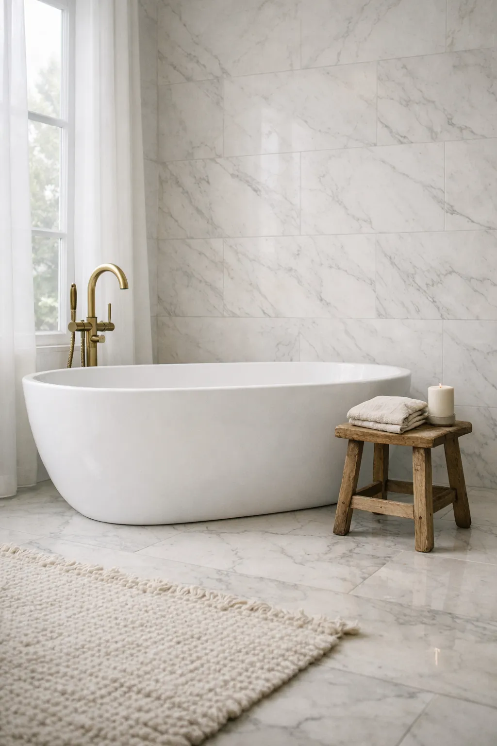 A bright en suite bathroom with marble walls and a freestanding tub.