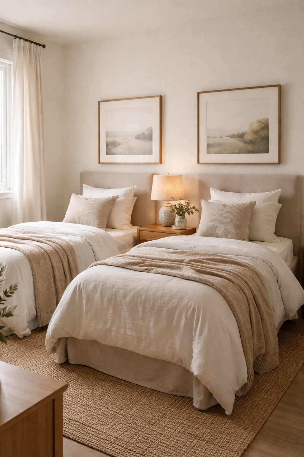 Matching wall art above twin beds creates a balanced and finished guest room look.