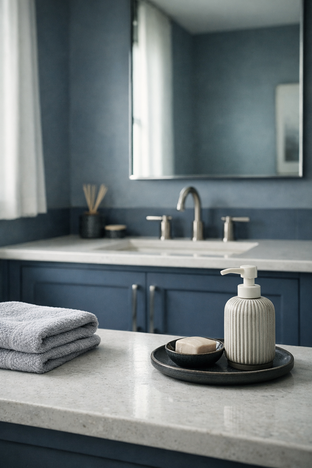 A monochrome bathroom with moody blue walls and vanity in layered shades of blue.