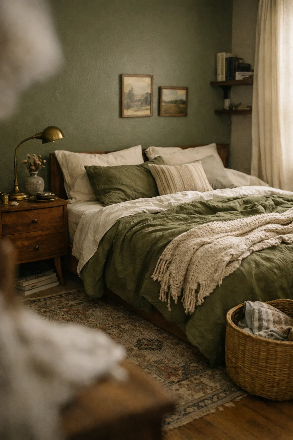 A cozy olive green bedroom with cream bedding, walnut furniture, and layered natural textures.
