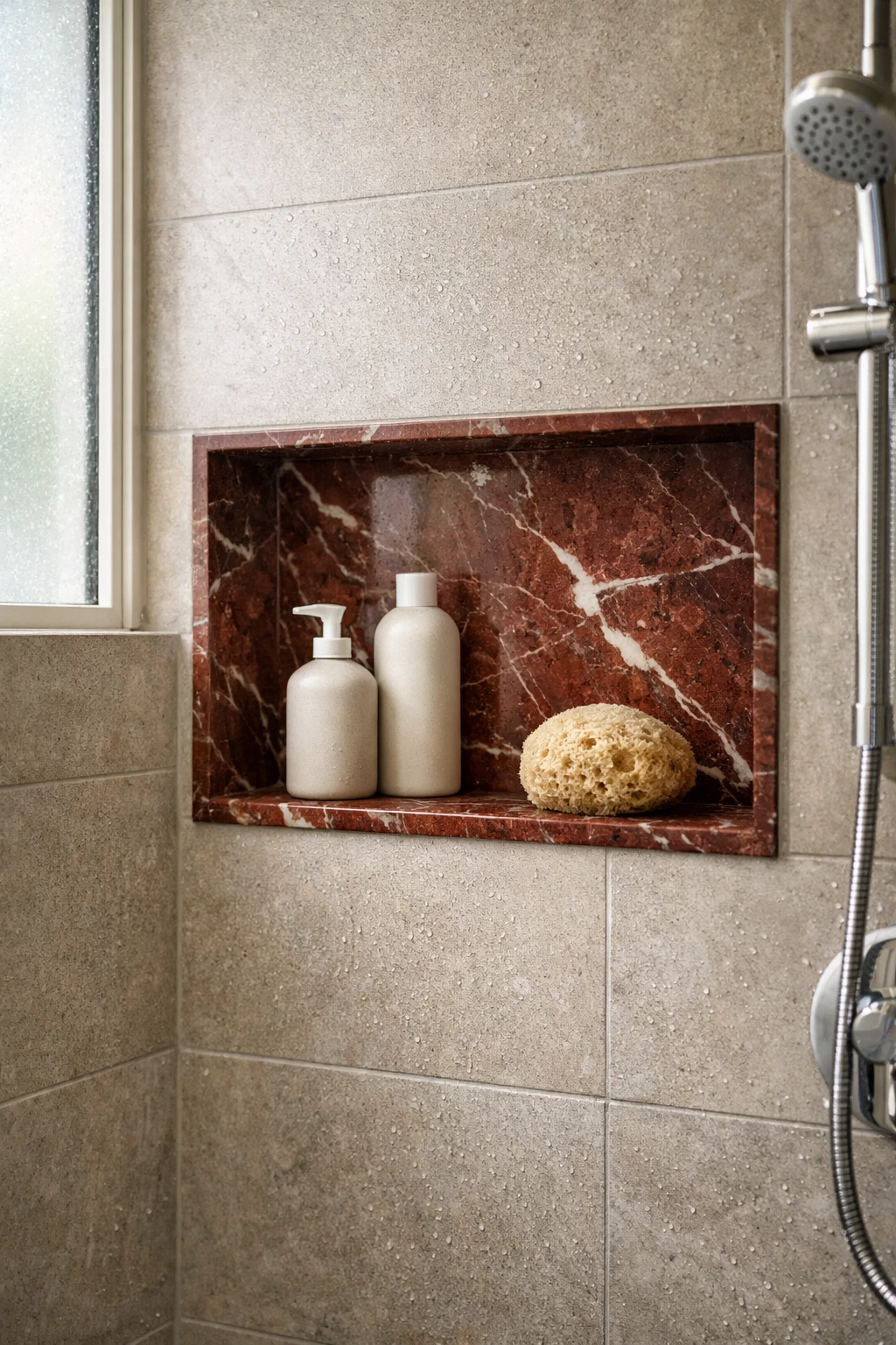 Shower wall with a built-in niche lined in red marble surrounded by neutral tiles.