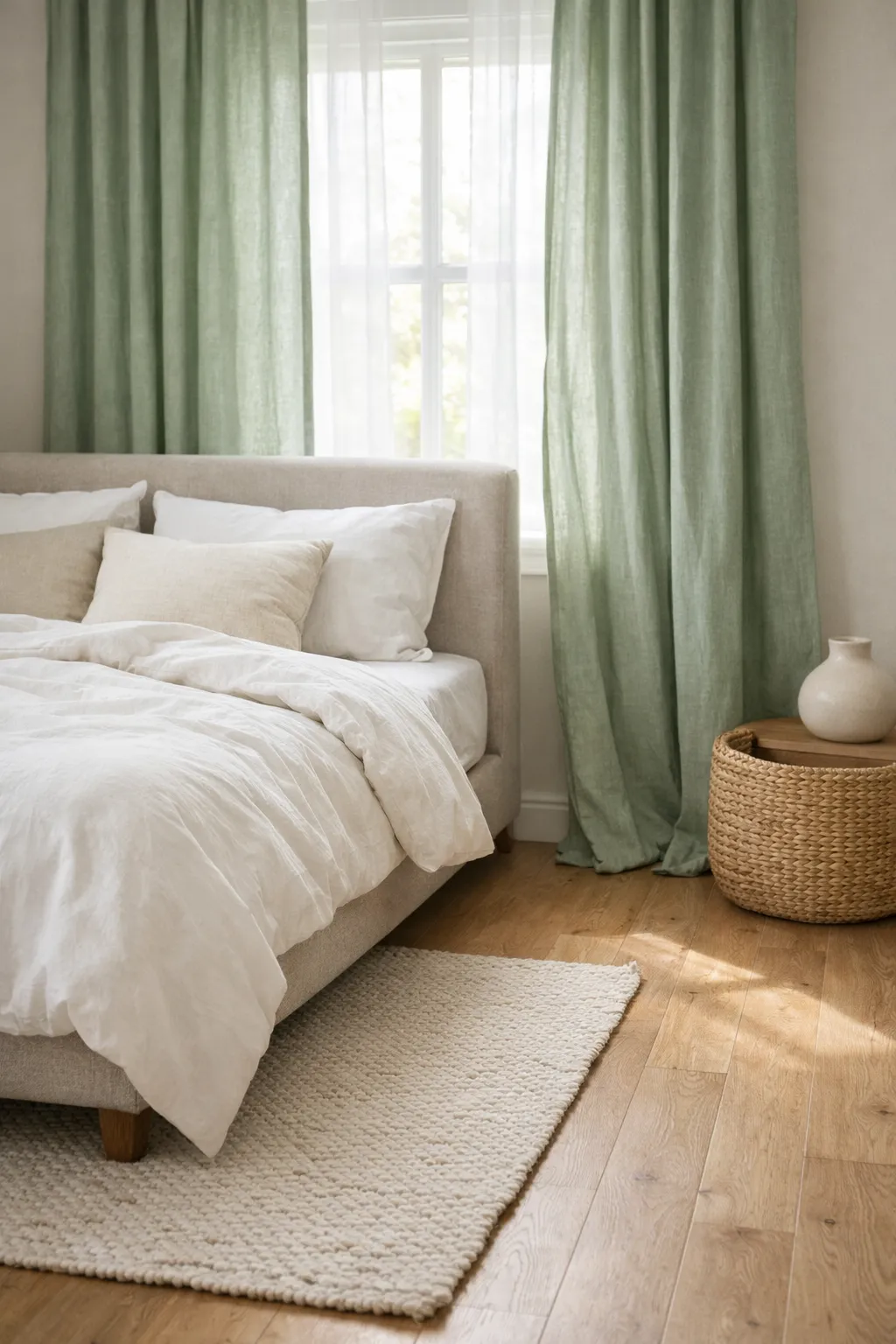 A neutral bedroom with sage green curtains, white bedding, and soft diffused light near the window.