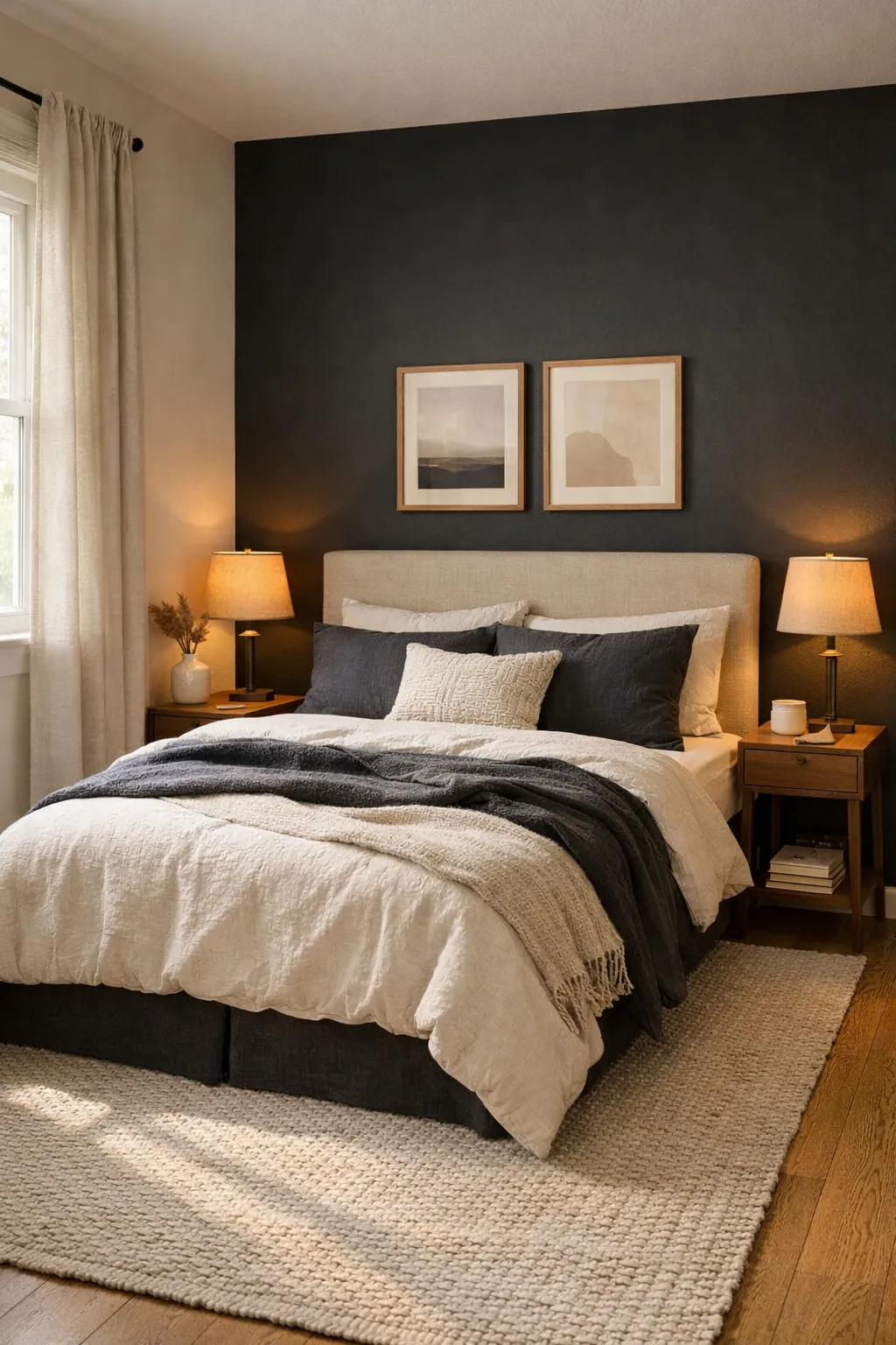 A small bedroom with one black accent wall behind the bed and warm neutral decor.