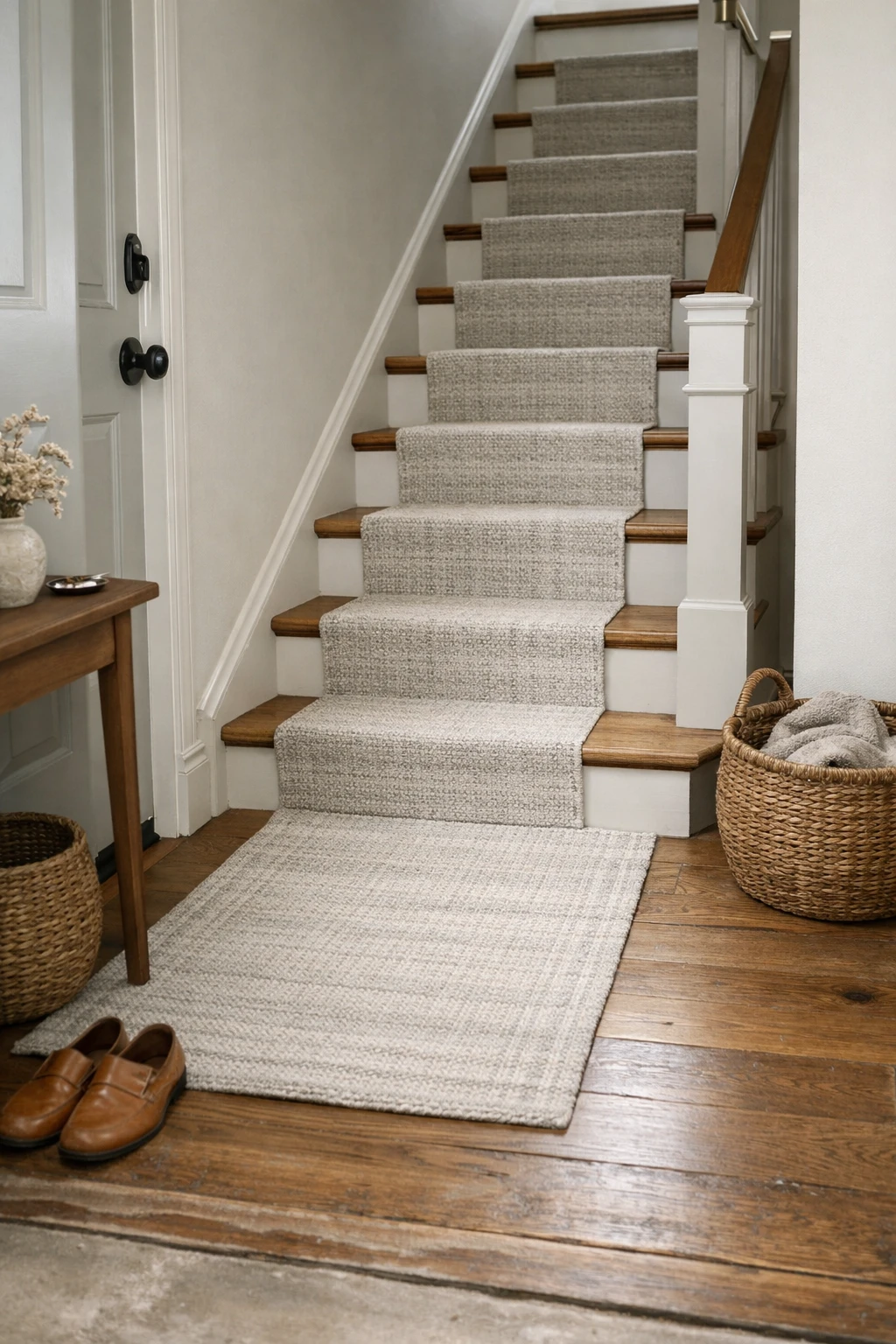 A narrow entry with stairs featuring a soft neutral stair runner and simple styling.