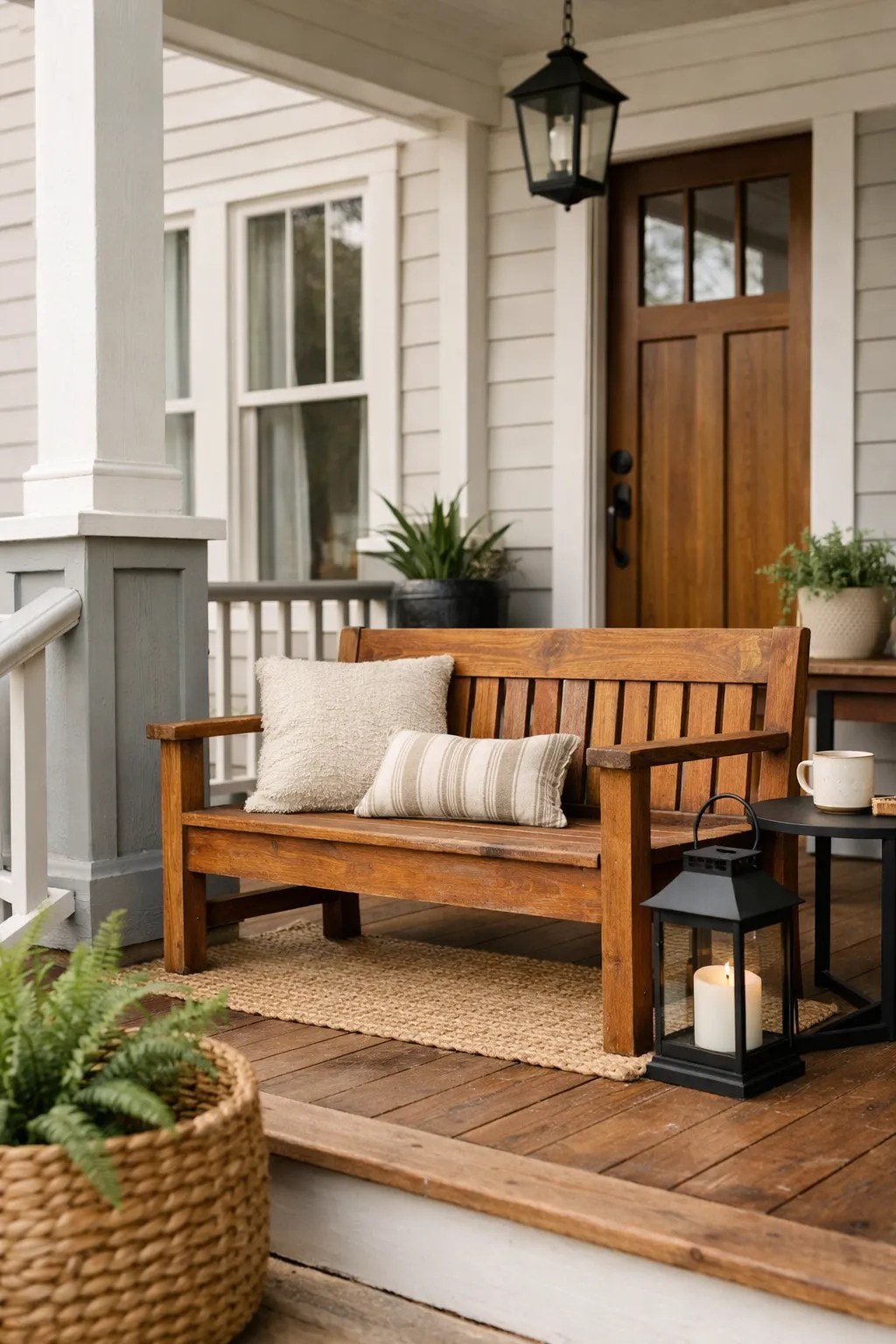 A double wide front porch styled with stained wood furniture, painted trim, and black accents for contrast.