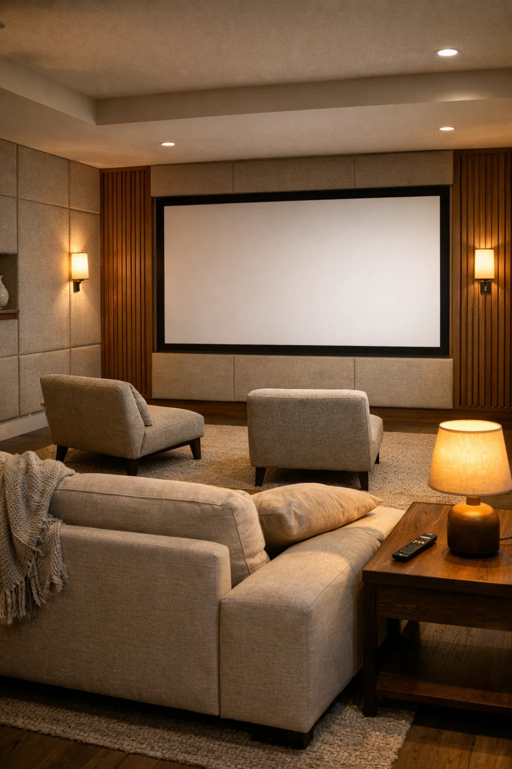 A stylish basement theater with decorative acoustic panels and modern seating.