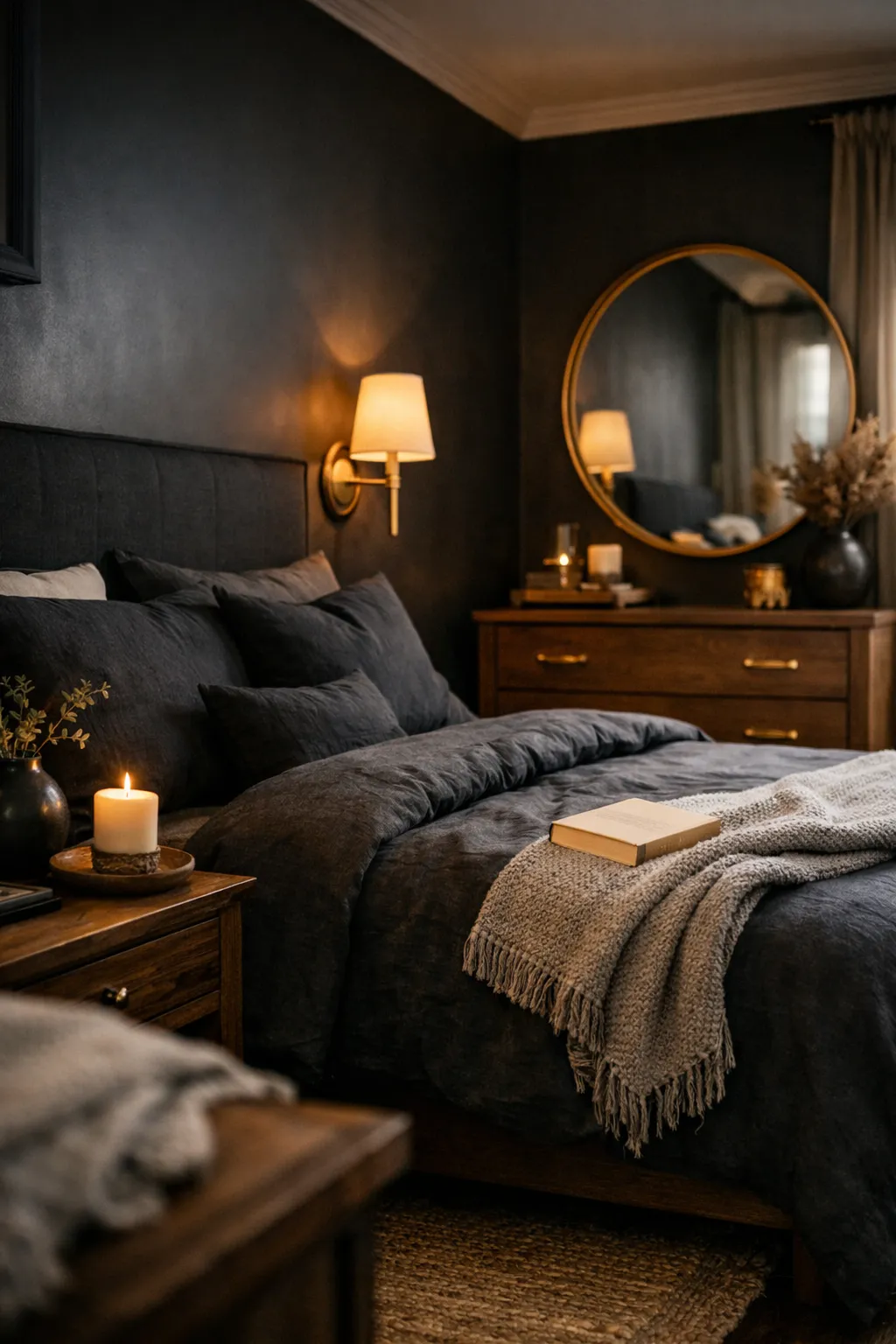 A moody black bedroom with brass sconces, dark bedding, and warm elegant finishes.