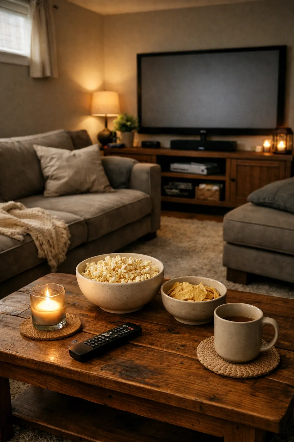 An Animal Crossing basement set up as a cozy movie den with a sofa, screen area, and warm decor.