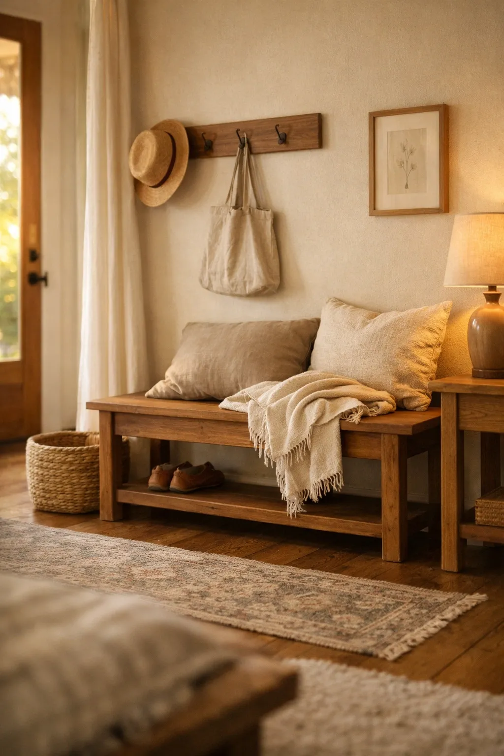 A cozy front entryway bench styled with soft pillows, a throw blanket, and warm neutral decor.