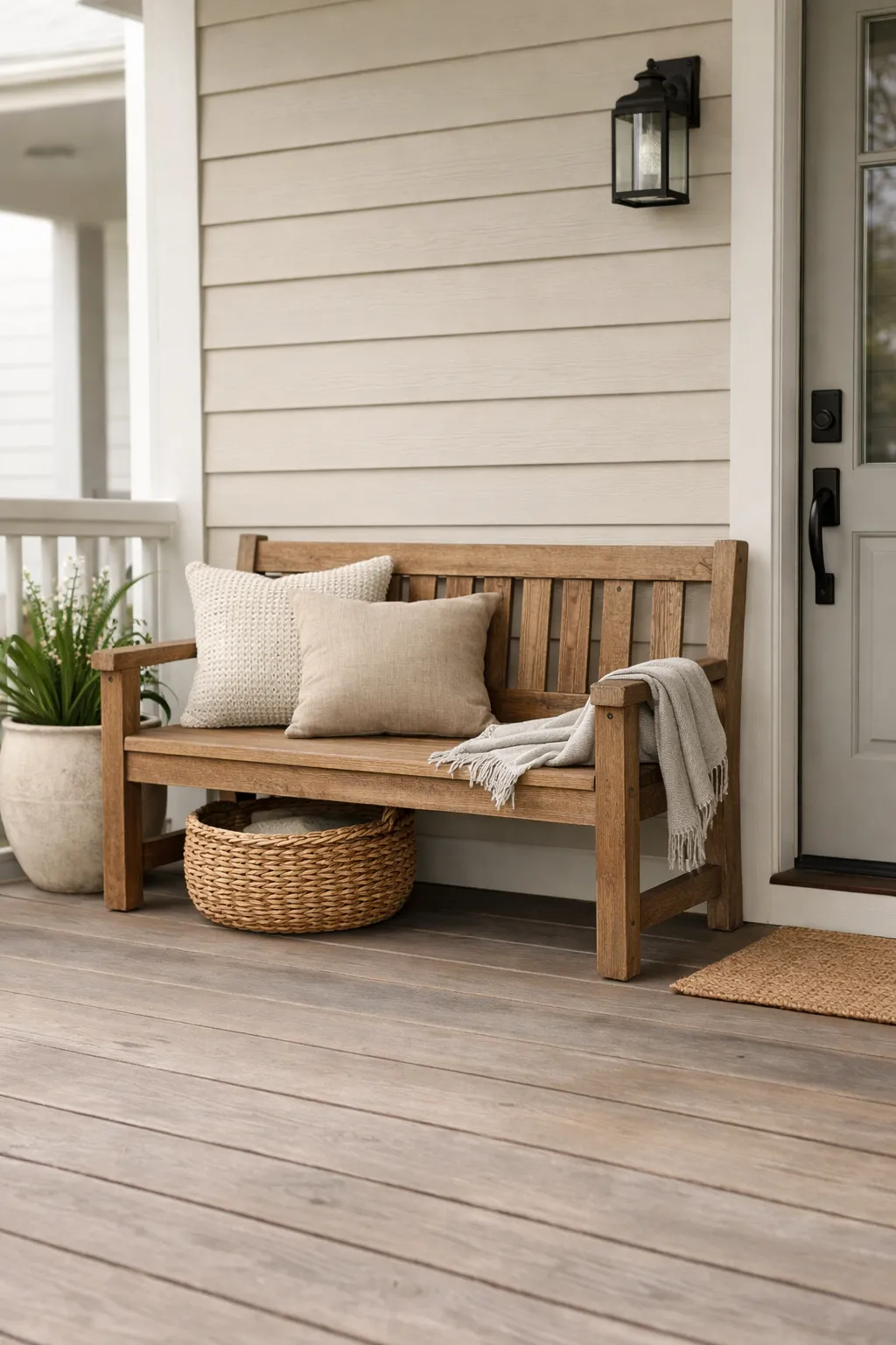 A double wide front porch with a simple bench, outdoor pillows, and a planter near the entry.