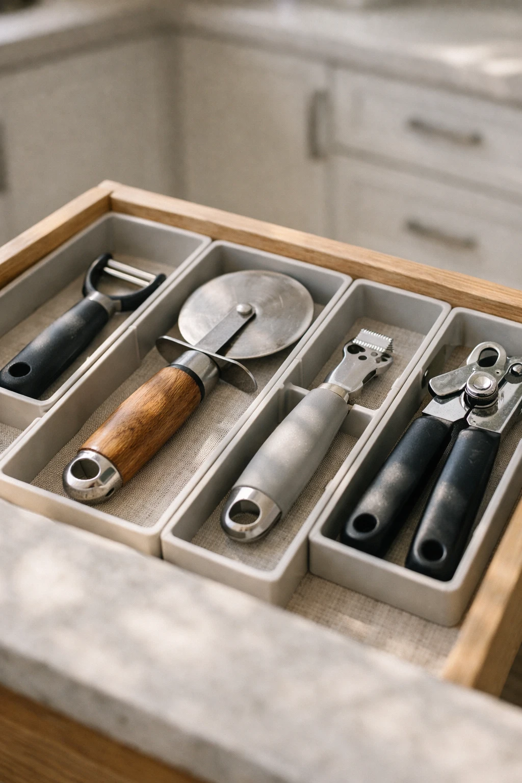 Drawer organized with peelers, zesters, pizza cutter, and kitchen gadgets in compartments.