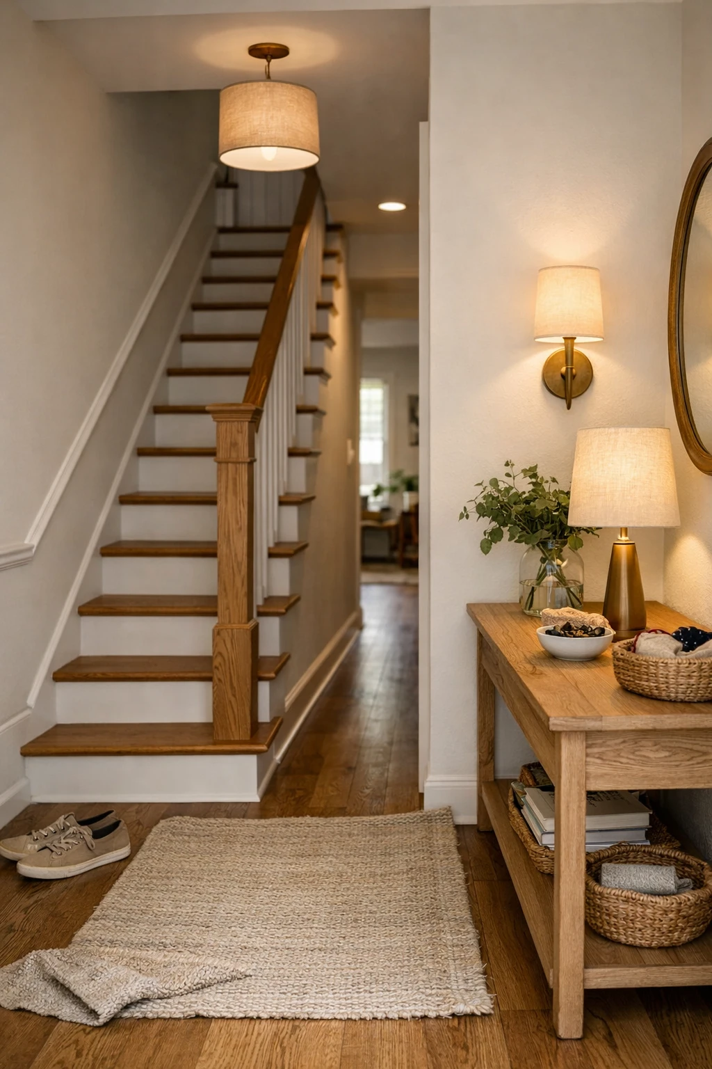 A narrow stair entryway lit with a pendant and warm layered lighting.