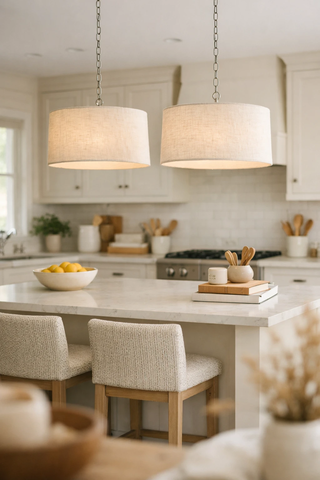 Neutral linen drum pendant light above a soft white kitchen island