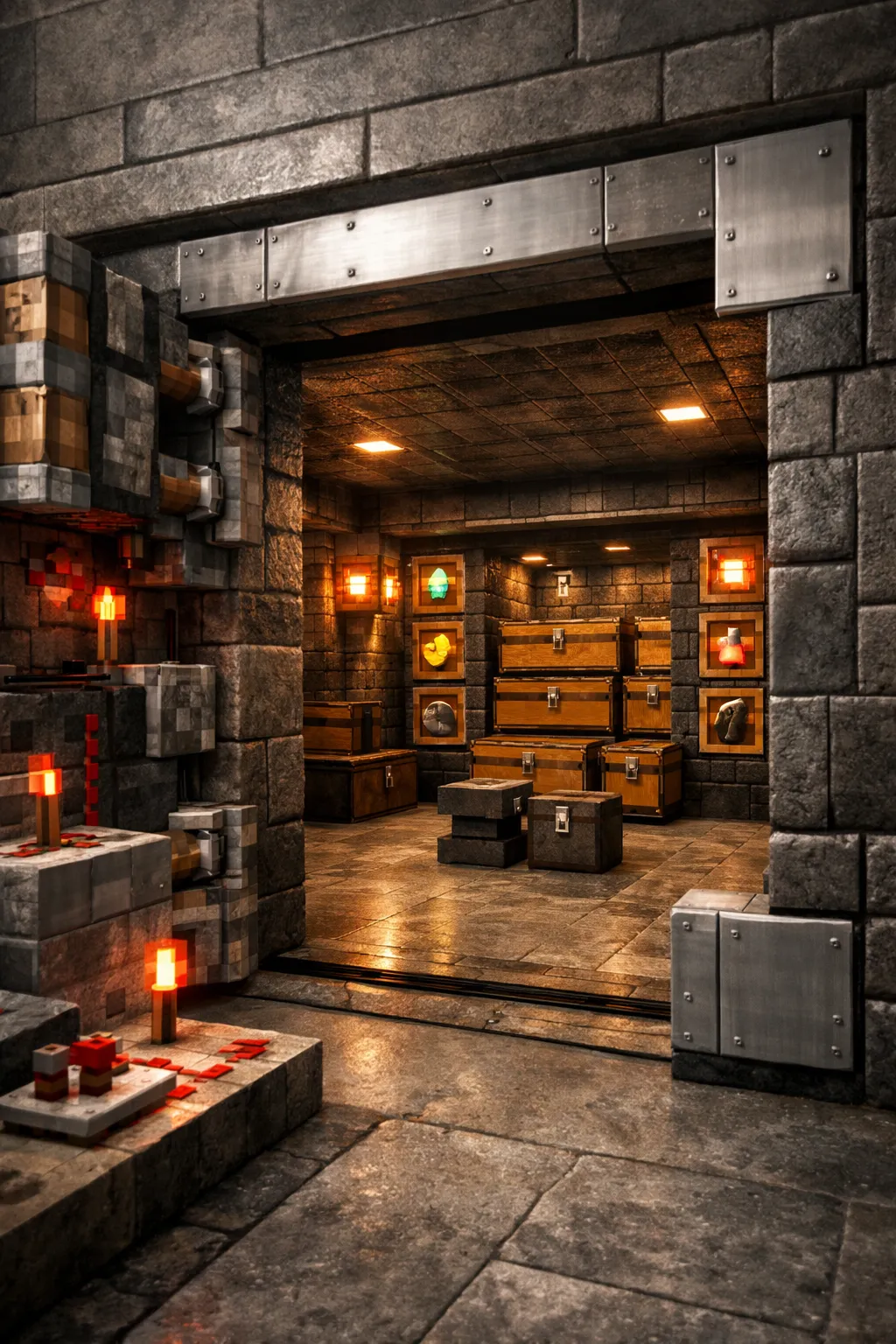 hidden redstone vault room with piston door and secure storage