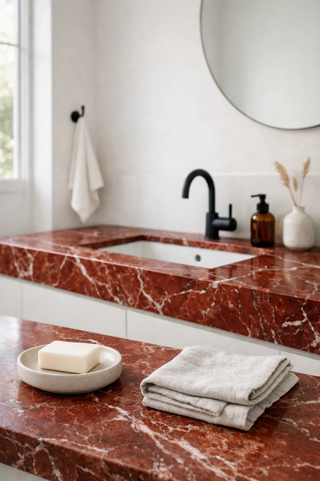 Minimalist white bathroom accented with a red marble countertop and black fixtures.