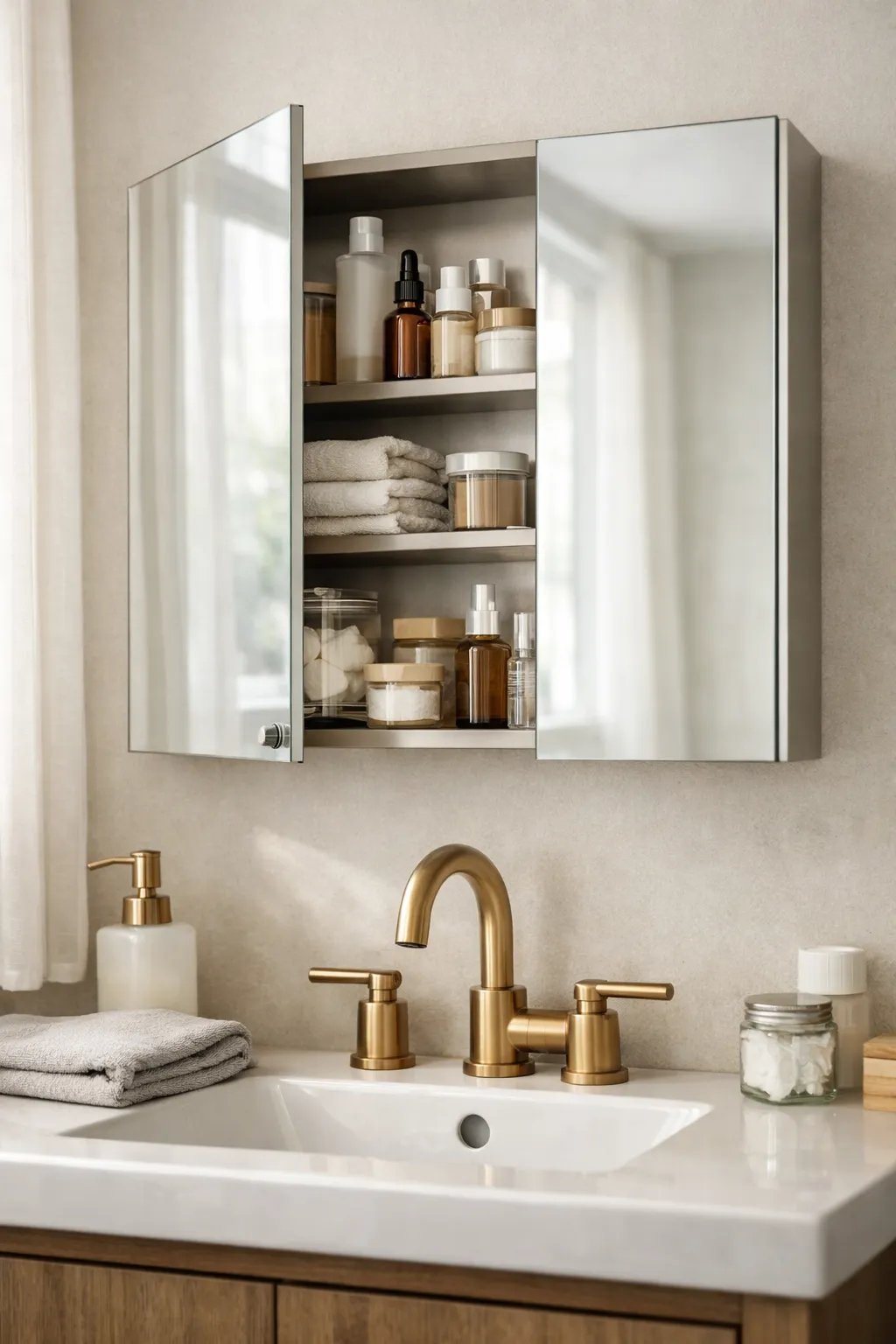Bathroom mirror cabinet opened slightly showing organized toiletries inside.