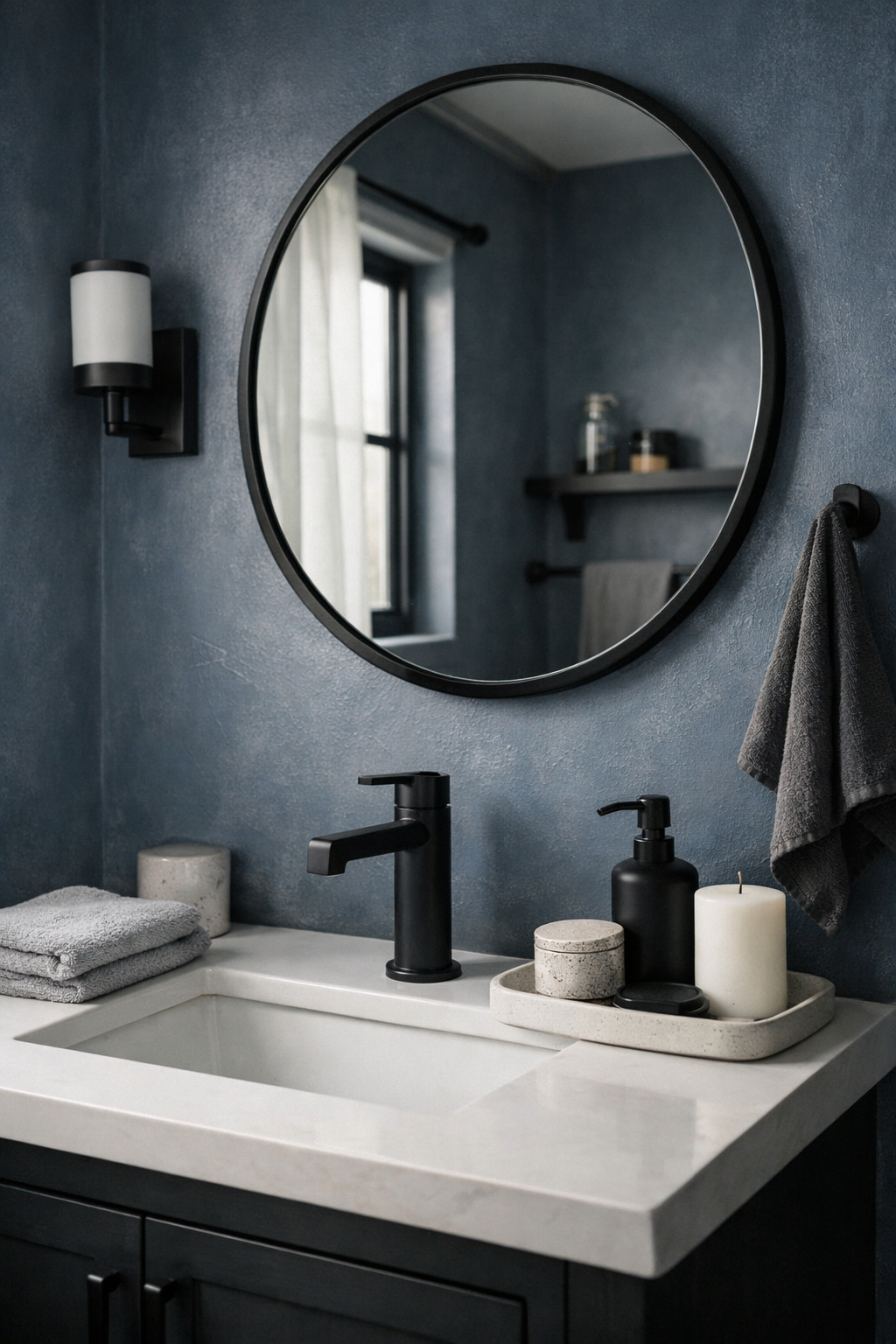 A moody blue bathroom with black fixtures, a black framed mirror, and clean modern lines.