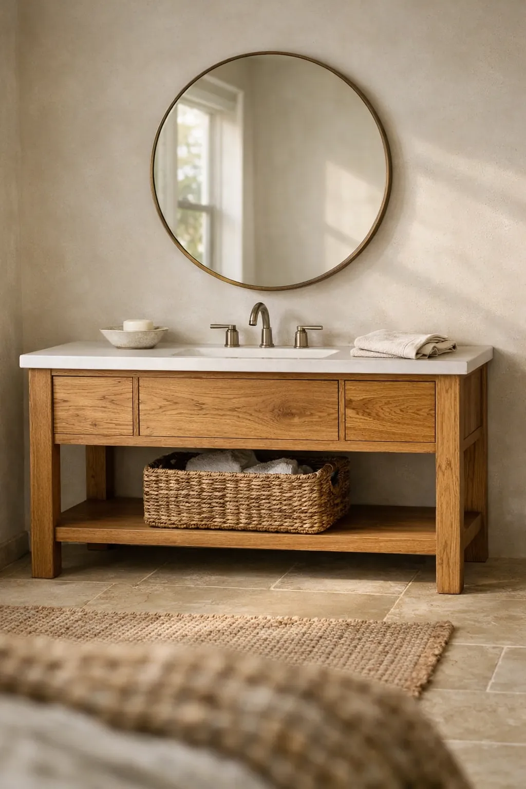 A bathroom with a natural oak vanity and neutral tiles.
