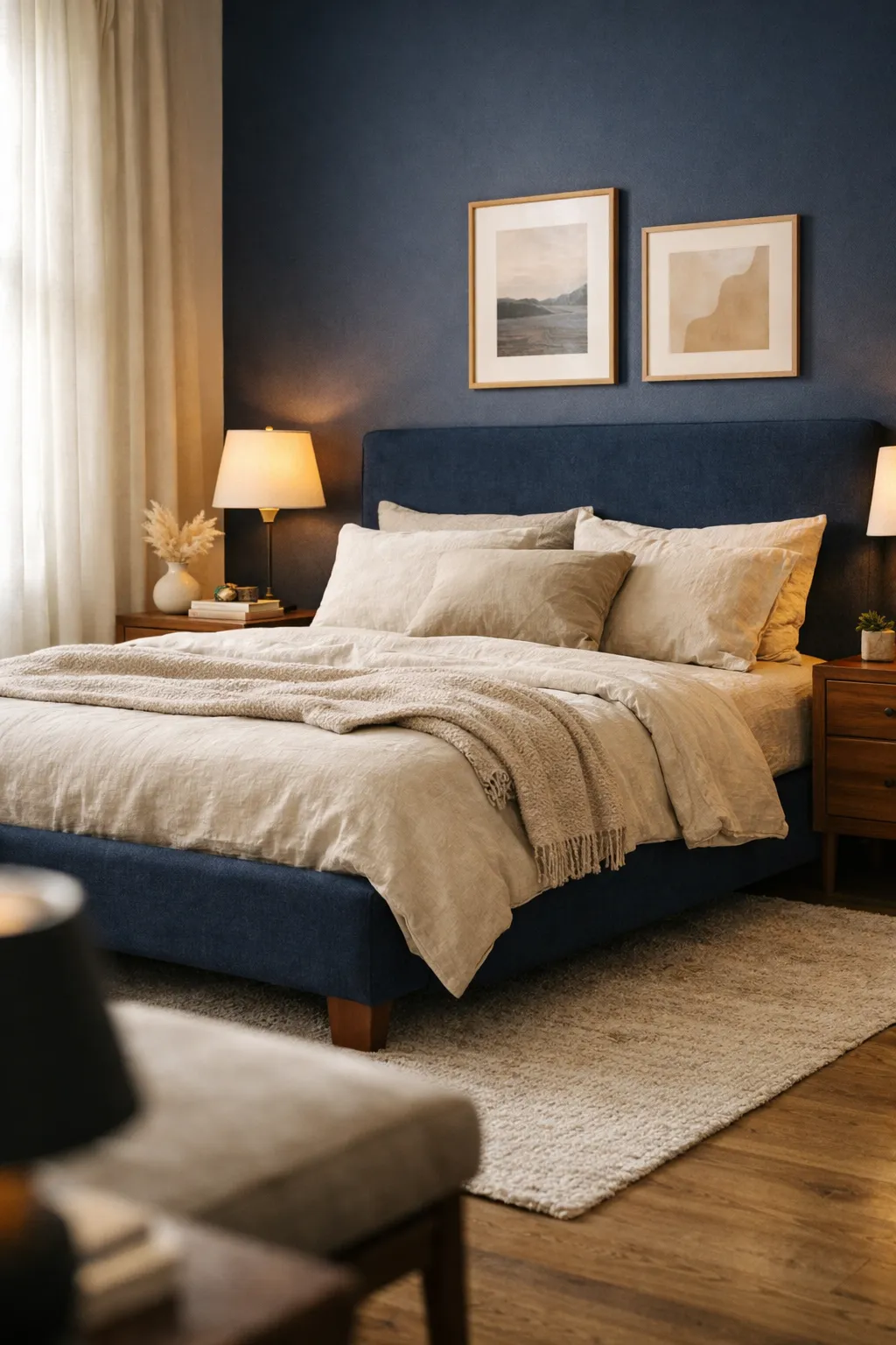 A stylish bedroom with navy accents, beige linen bedding, and warm wood furniture.