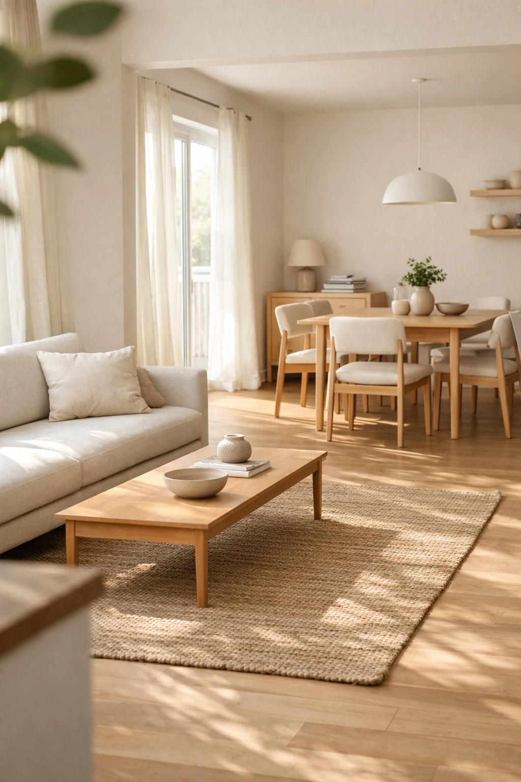 A bright open-plan room with low-profile furniture and clear views between the living and dining areas.