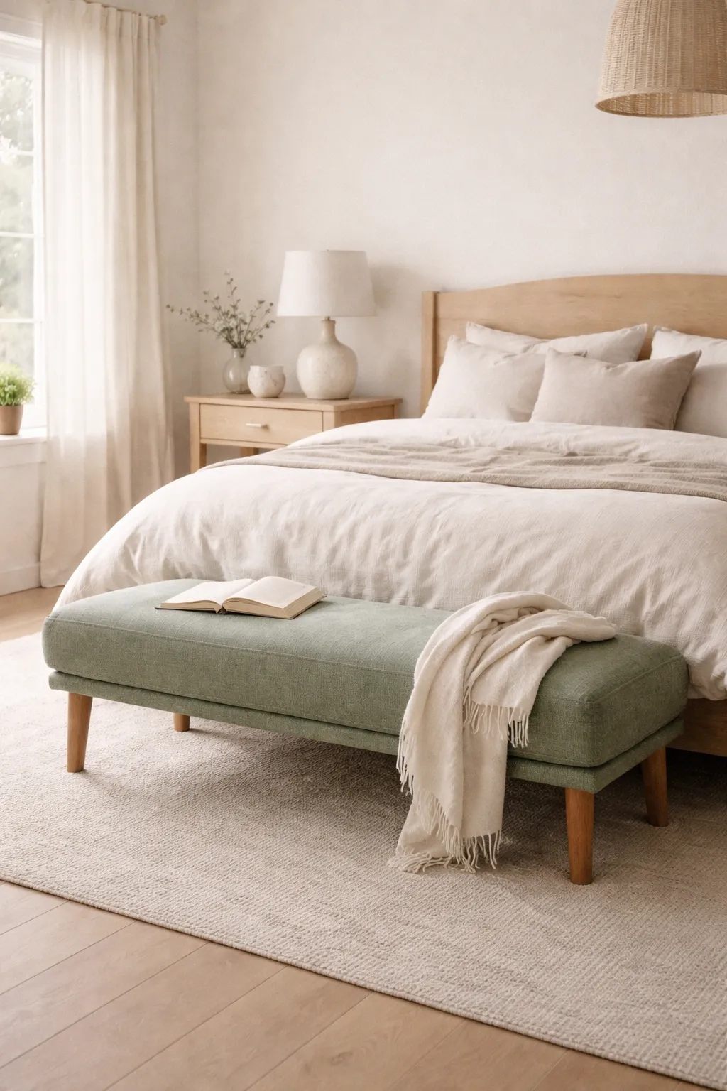 A bedroom with a sage green upholstered bench and neutral bed styling in soft daylight.