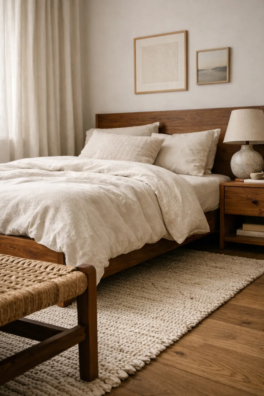 A neutral guest bedroom with layered textures including linen, wood, woven accents, and a soft patterned rug.