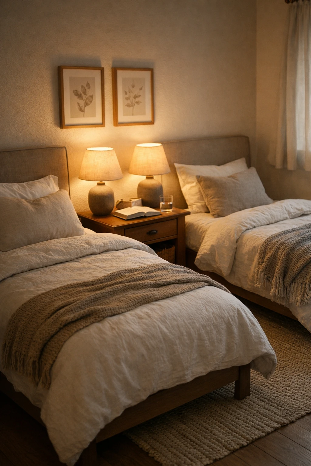 Warm bedside lamps create a cozy and restful atmosphere in a twin bed guest room.
