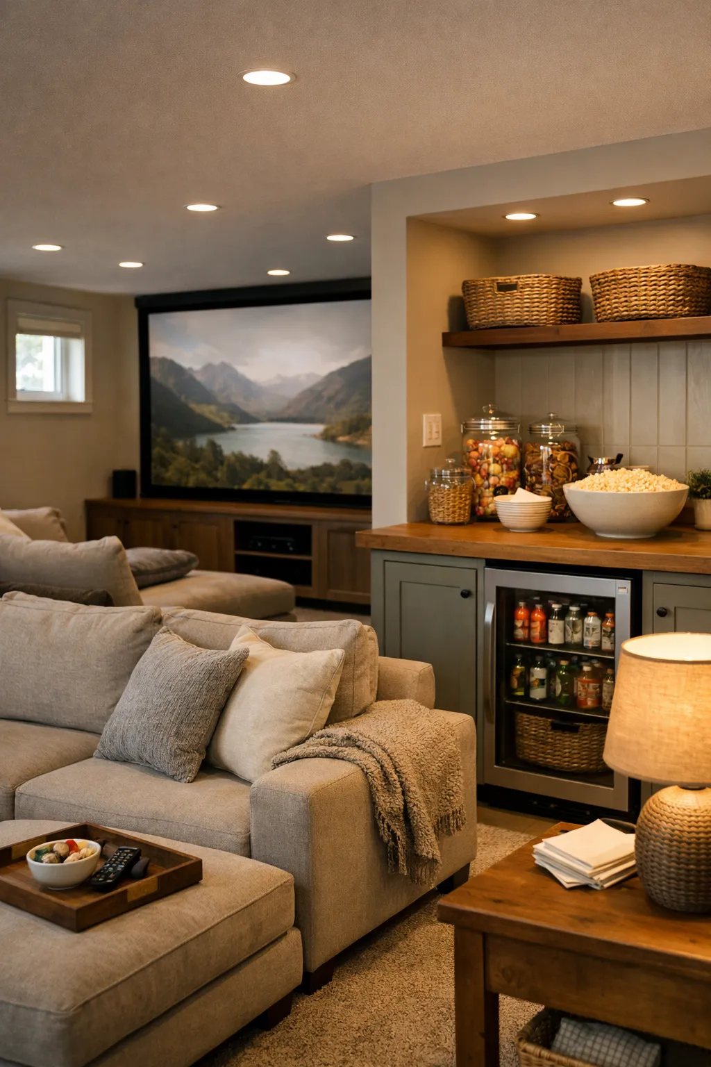 A basement movie room with a snack bar area, cozy seating, and a warm media space.