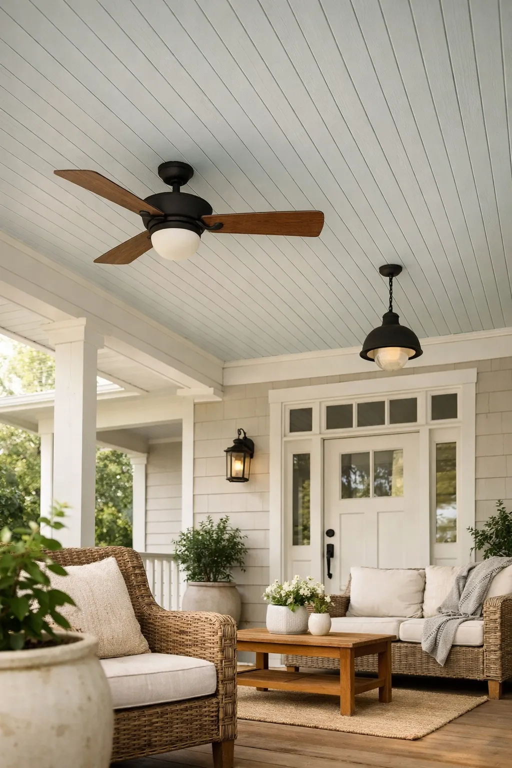 A double wide front porch with a finished beadboard ceiling, soft paint, and a simple ceiling fan.