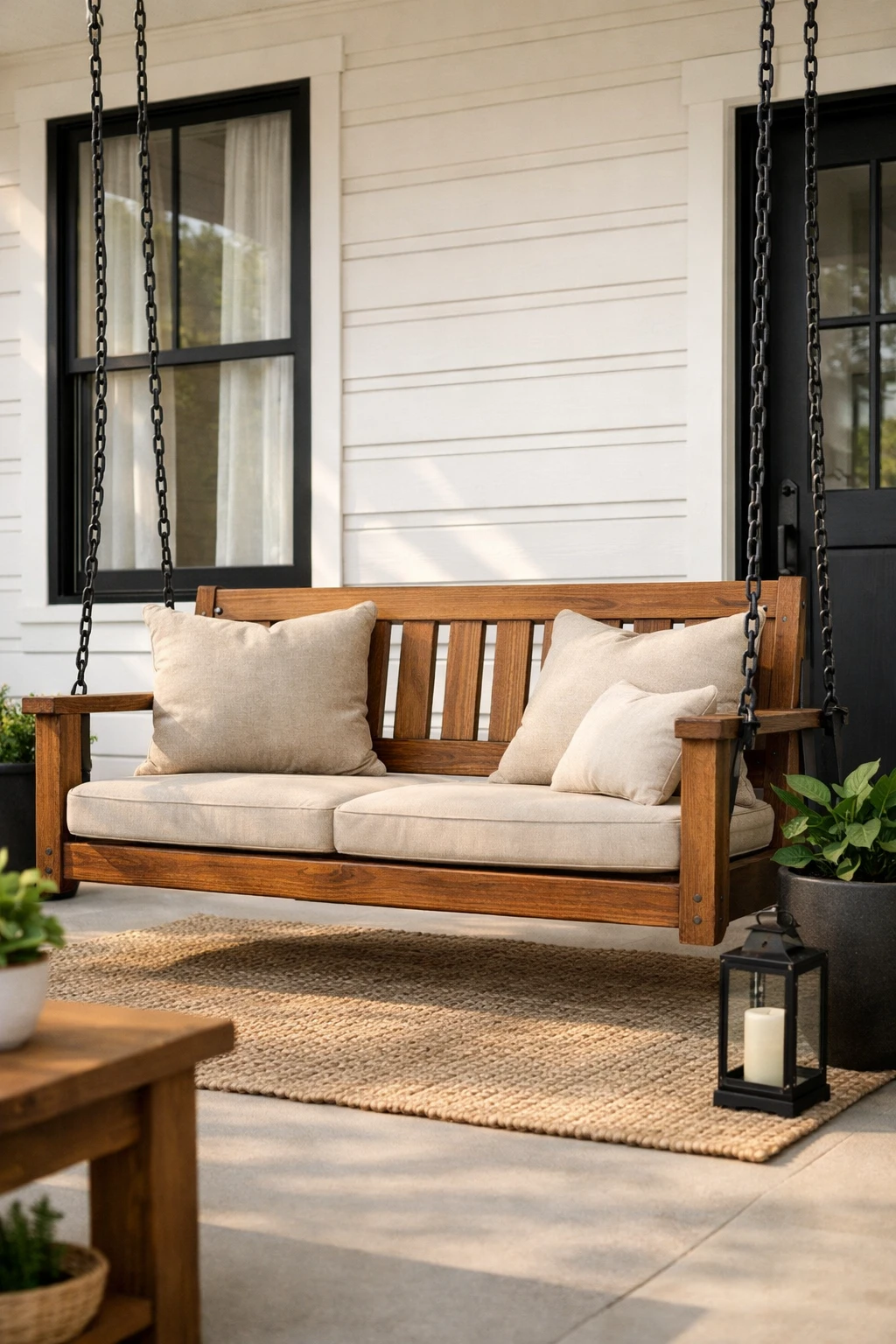 A front porch swing with black hardware and warm wood tones styled with grounded neutral cushions.