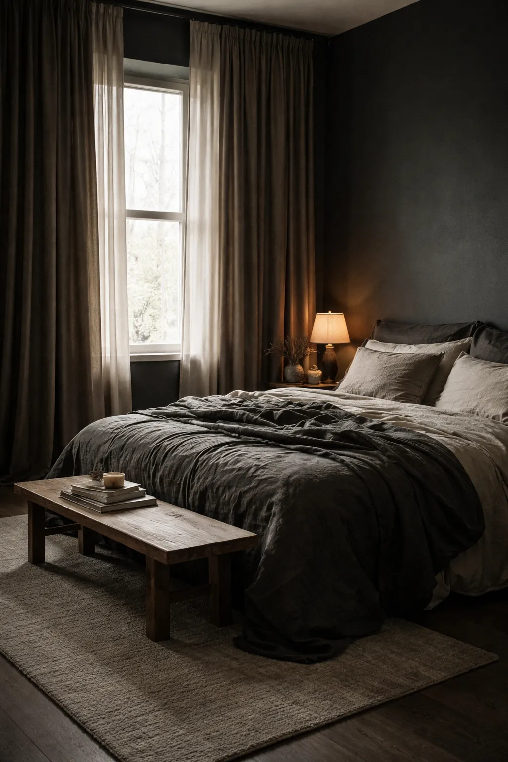 A moody bedroom with long drapes, dark walls, and soft layered textures.