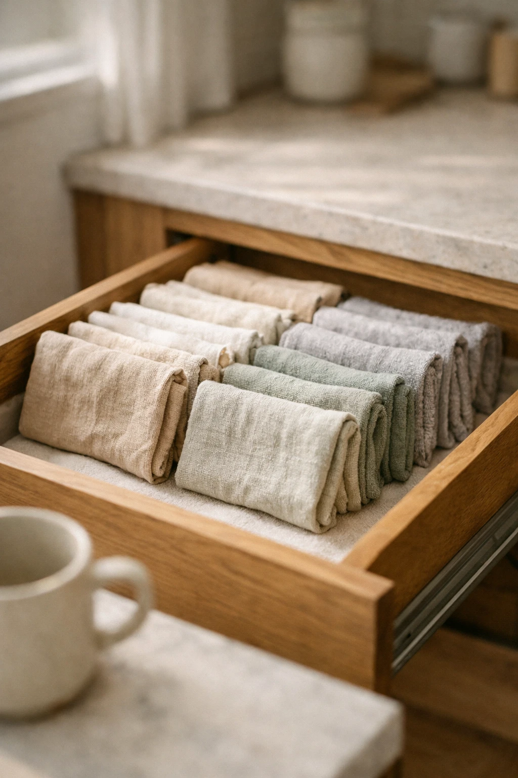 Kitchen drawer with neatly folded dish towels stacked vertically.