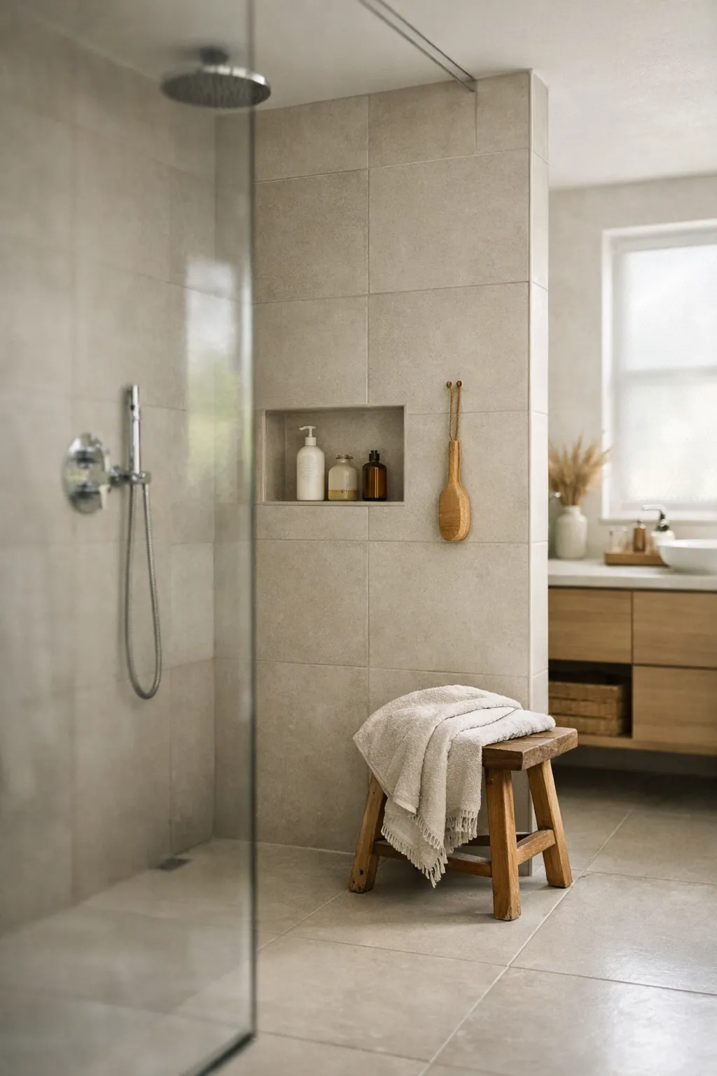 A bright bathroom with a frameless glass shower divider.
