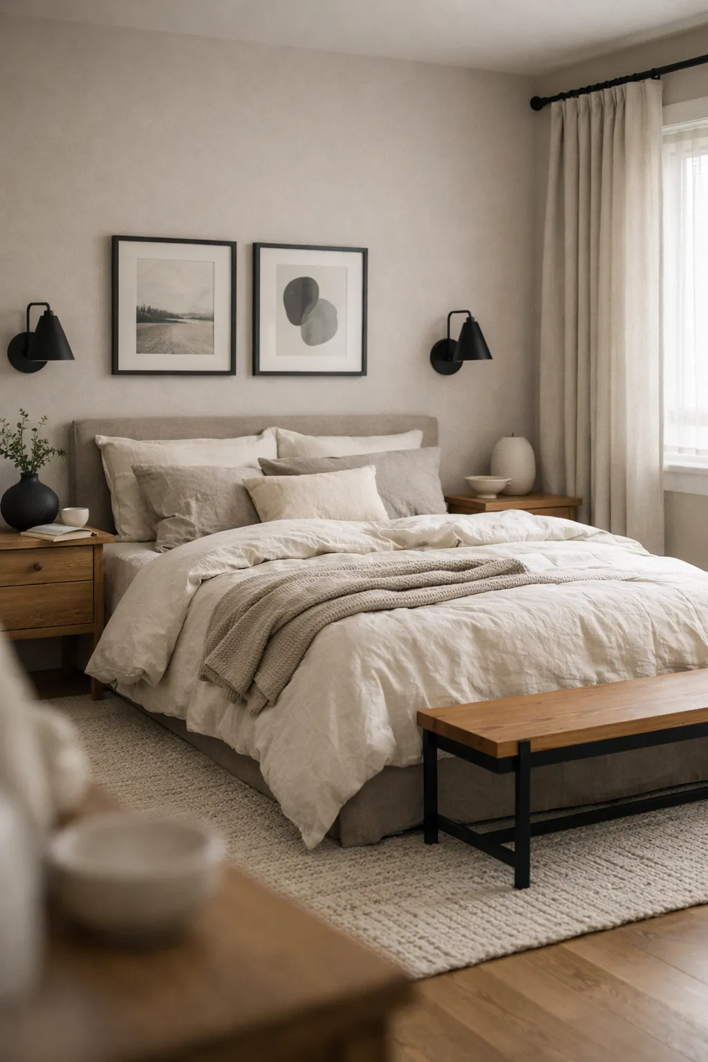 A modern greige bedroom with black sconces, neutral bedding, and textured natural materials.
