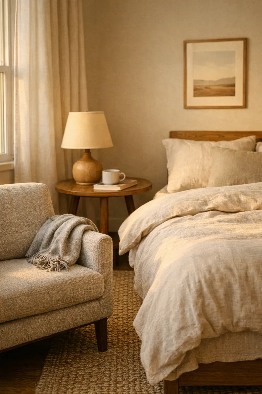 A guest bedroom with a cozy accent chair by the window, soft bedding, and a small side table.