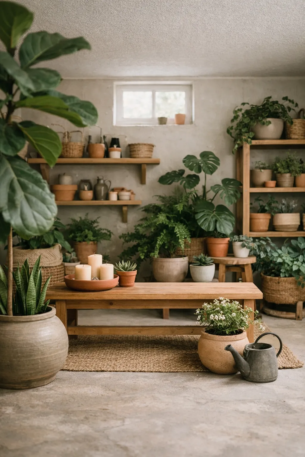 An Animal Crossing basement styled as an indoor garden with layered plants, wood furniture, and soft natural decor.