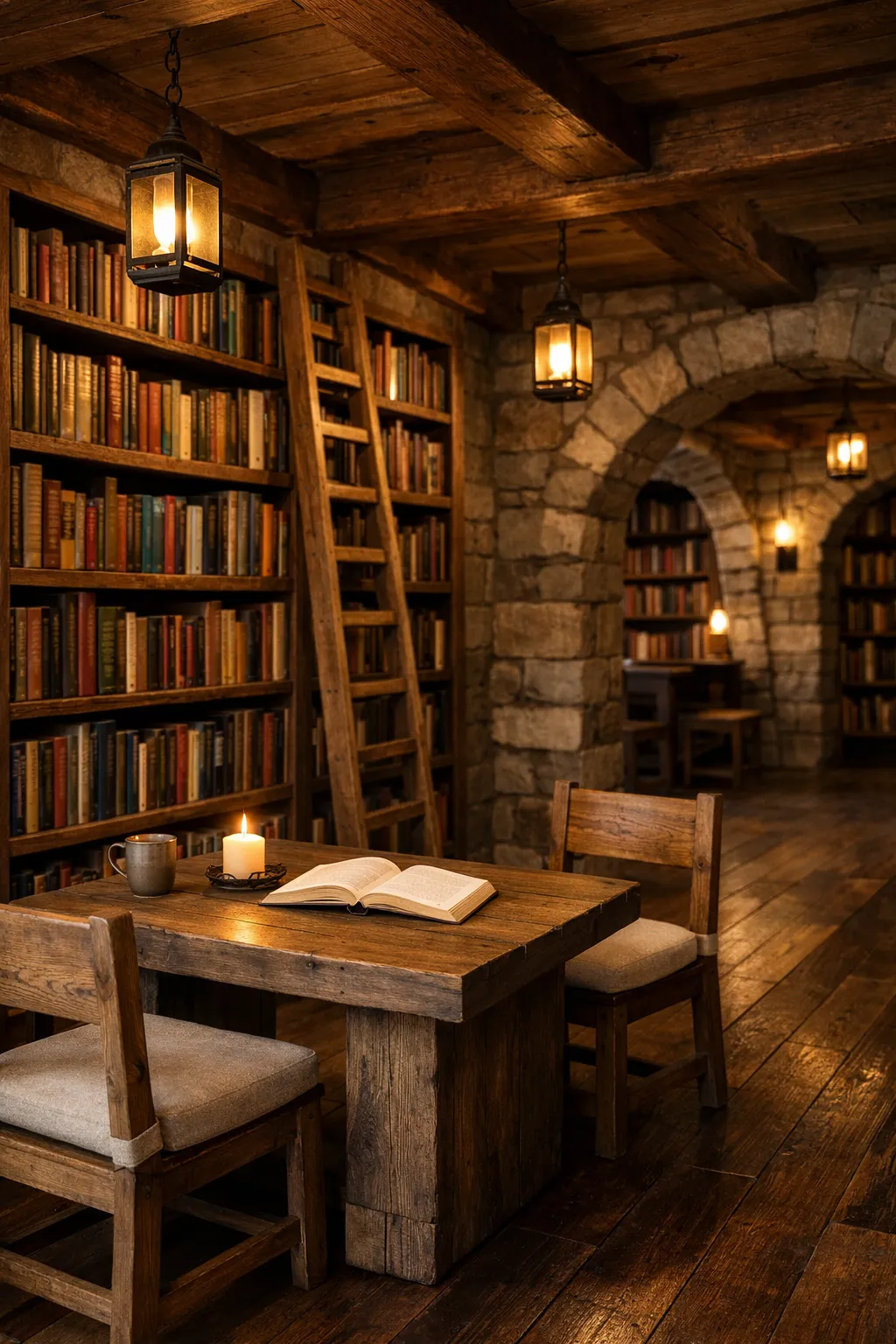 cozy Minecraft basement library with bookshelves and lanterns