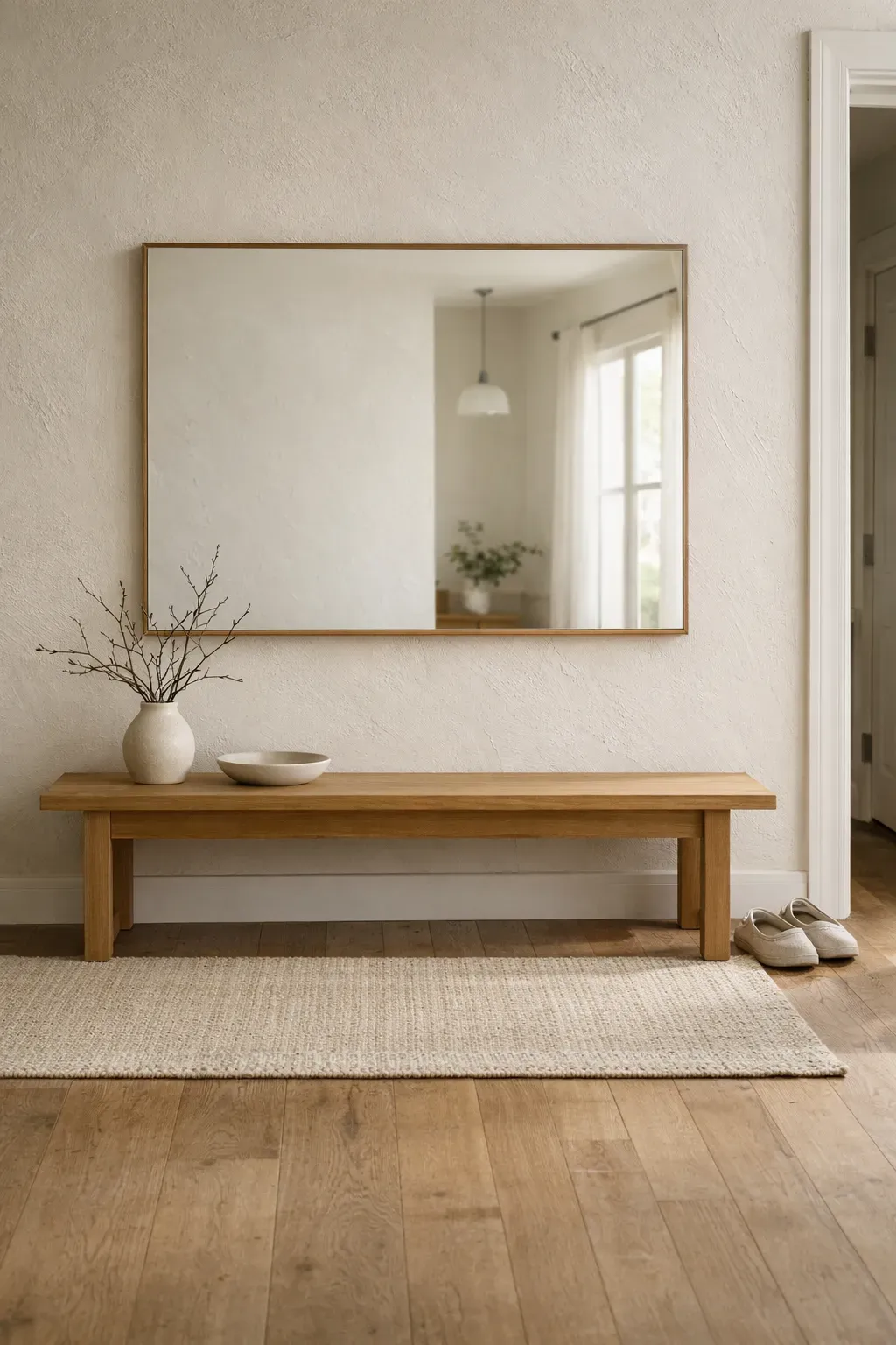 A minimalist front entryway with a simple bench, large mirror, and clean neutral styling.