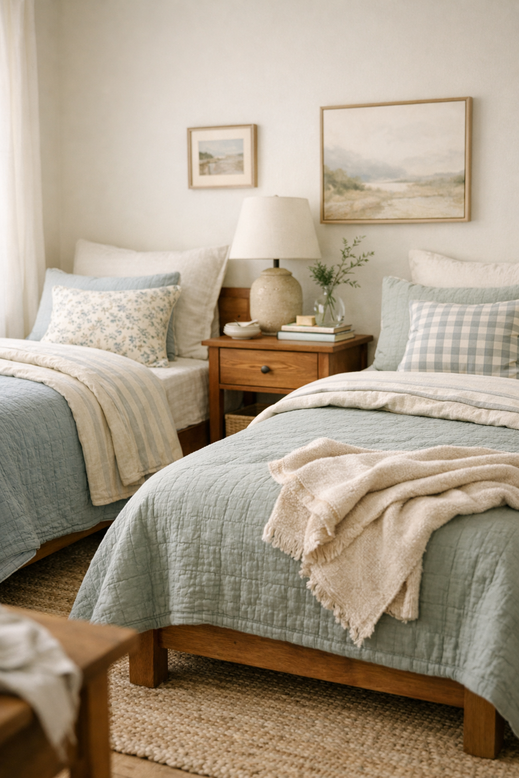 Twin beds with softly mixed patterns create a cozy guest room that feels layered and welcoming.