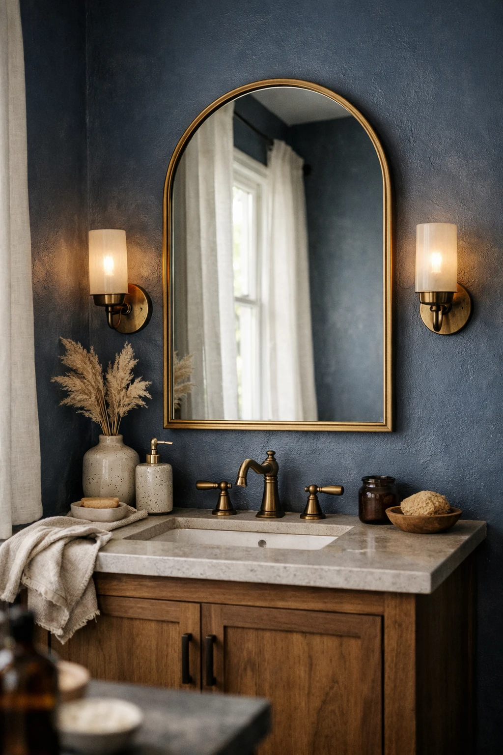 moody blue bathroom featuring a statement mirror above the vanity and soft natural lighting.